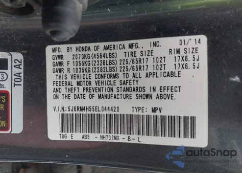 2014 Honda Cr-V Ex z USA, uszkodzony, nr VIN 5J6RM4H55EL044420